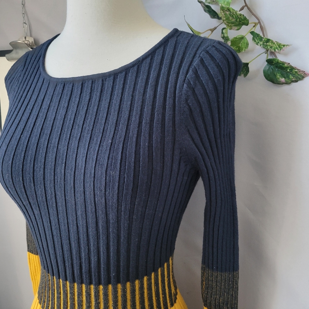 Karen Millen Ribbed Knit Color Block Sweater Top Blue Mustard S - Picture 7 of 12